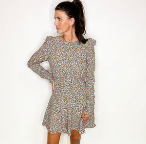 Flower Puff Ruched Sleeve Dress