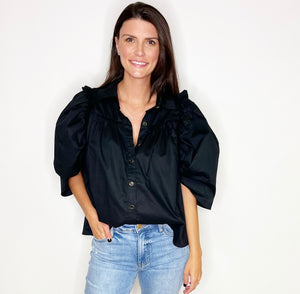 Black Poplin Button Top