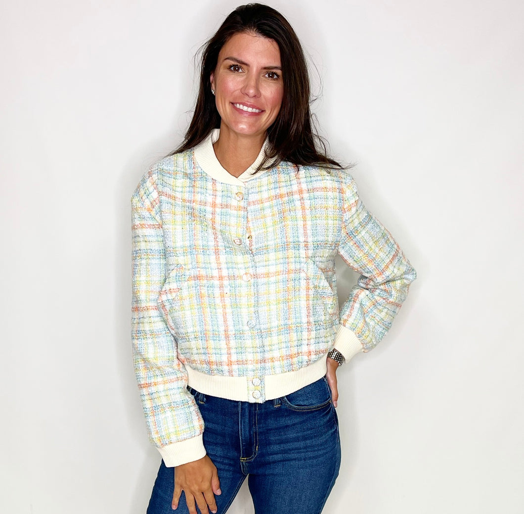 Plaid Boucle Bomber Jacket