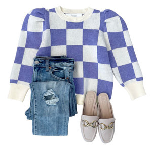 Checkered Puff Sleeve Sweater