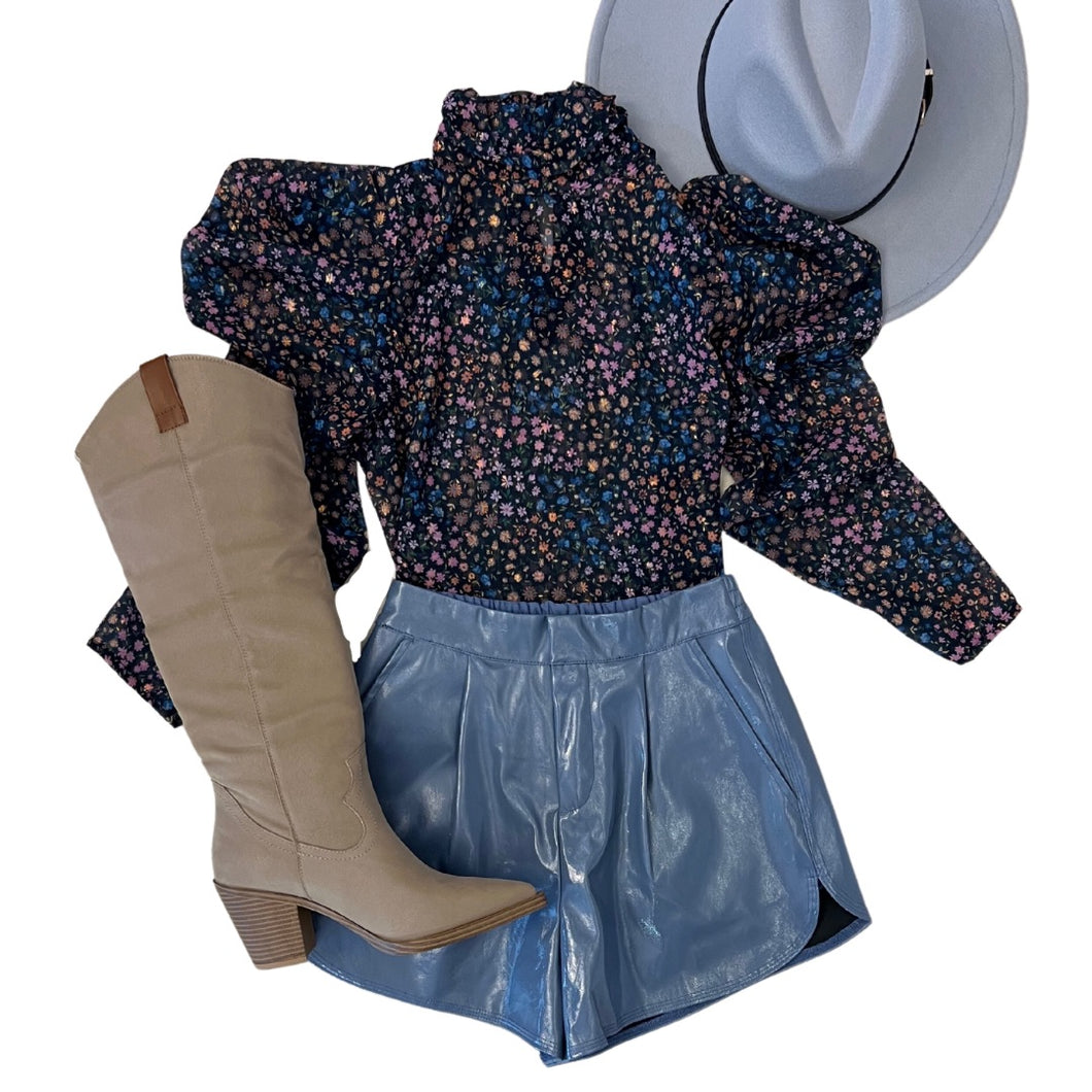 Dusty Blue Faux Leather Shorts