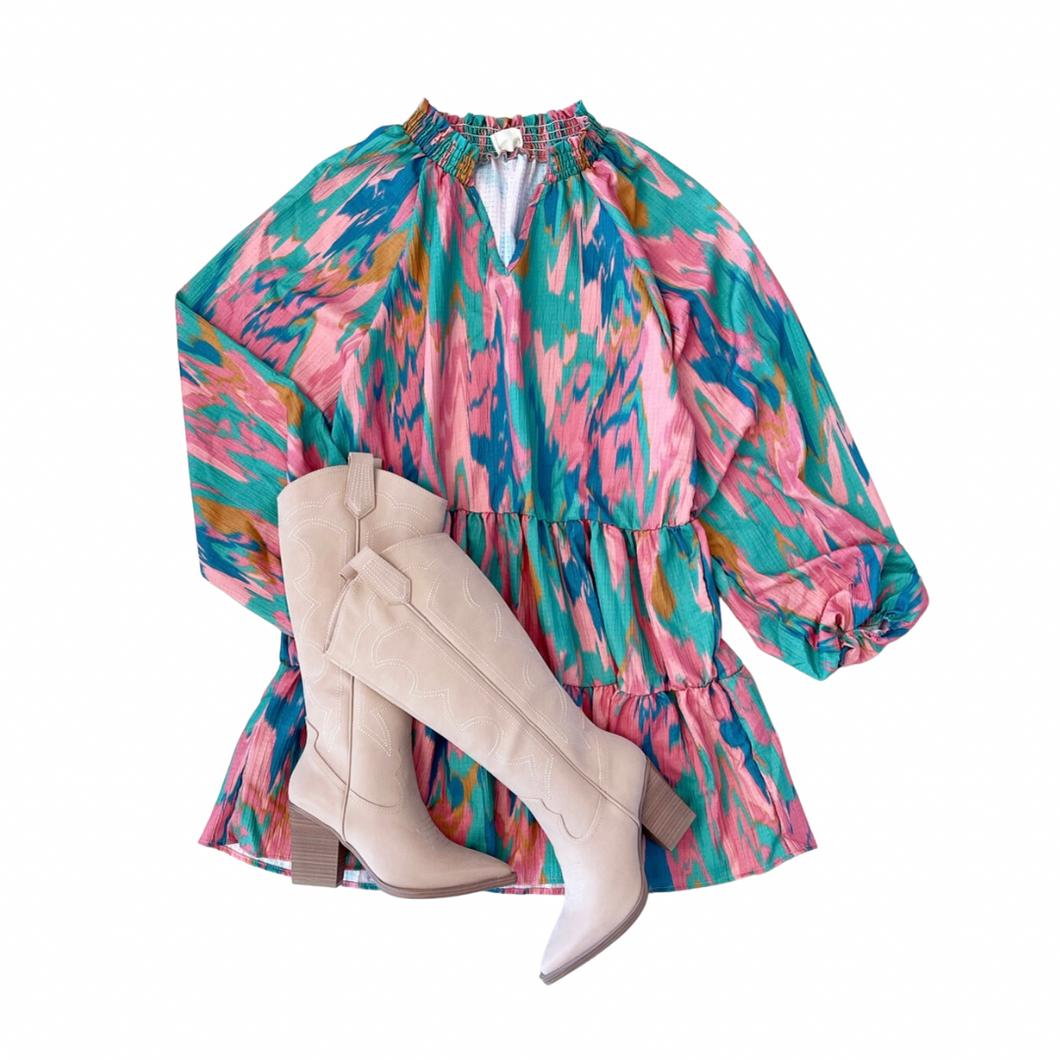 Brushed Print Babydoll Dress